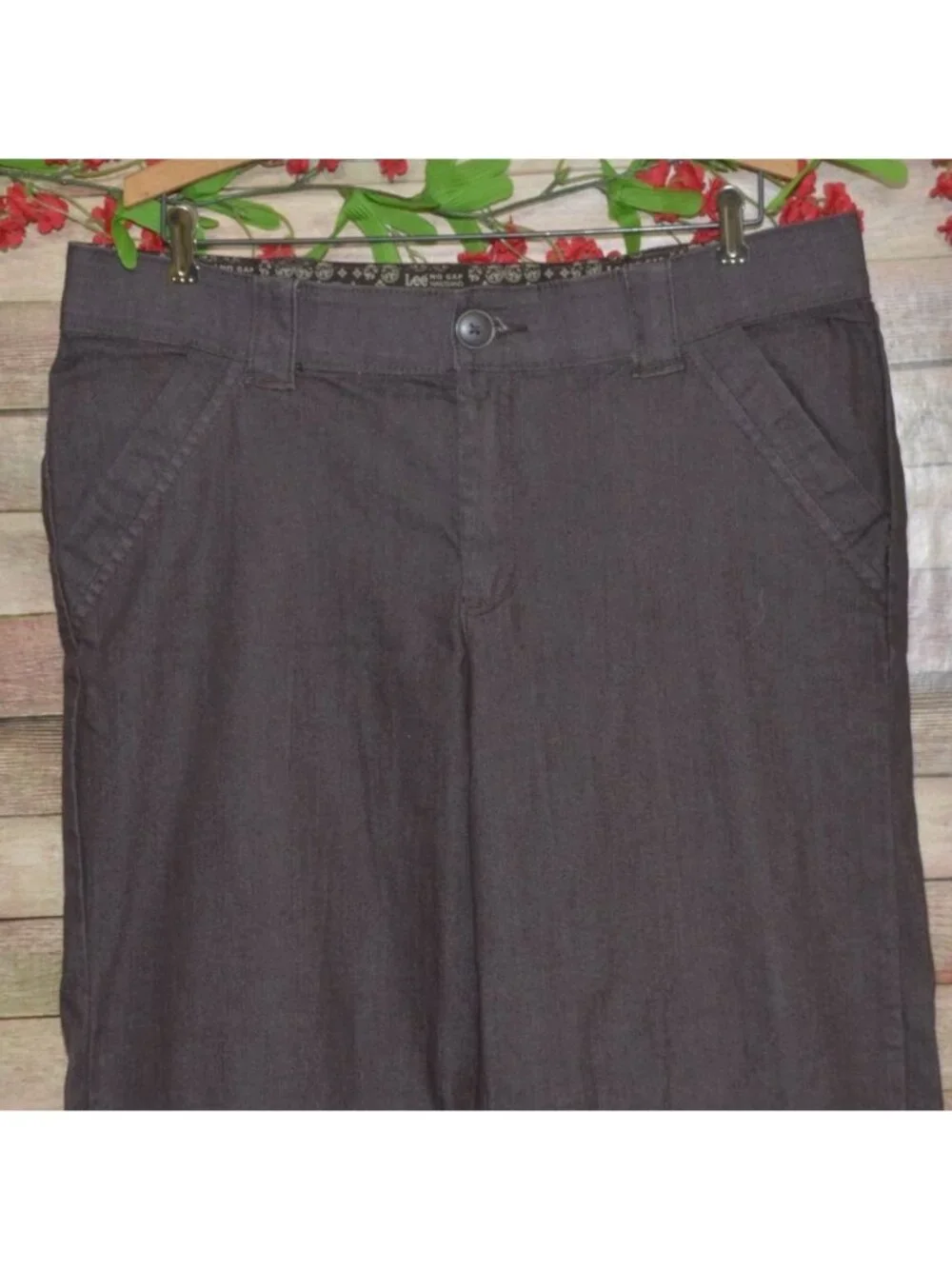Lee No Gap Waistband Pants Womens 16 M Brown Straight Leg Stretch Cotton Trouser